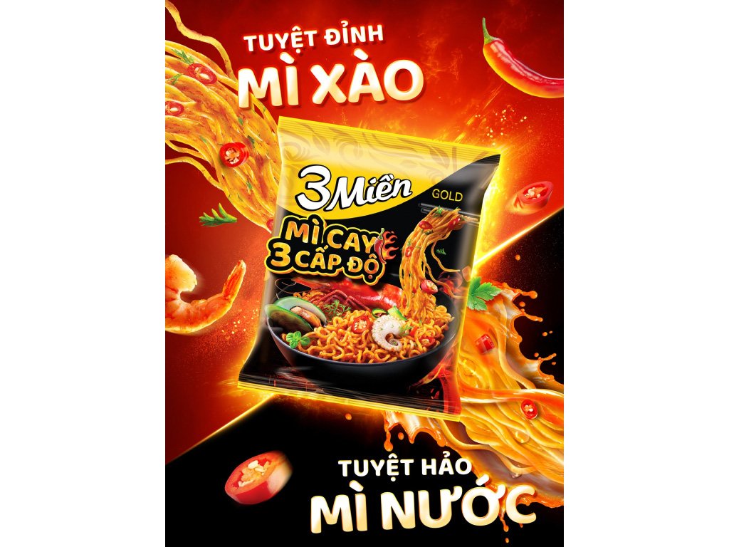 Thùng 30 gói mì 3 Miền Gold cay 3 cấp độ gói 75g (3)